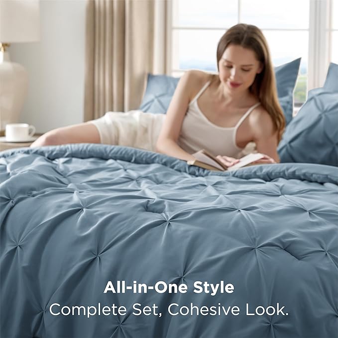 Bedsure Twin Comforter Set Mineral Blue - Bed in a Bag Twin Size Bedding 5 Pieces, GentleSoft™ Pintuck Bed Set Gift for Family, Pinch Pleat Mineral Blue Comforter with Sheets, Pillowcase & Sham