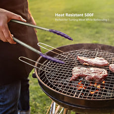Set of 2 Kitchen Tongs 9-Inch & 12-Inch, Premium Stainless Steel BPA Free Silicone Non-Stick Grilling Barbeque Cooking Locking Food Tongs, Purple