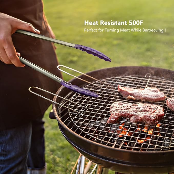 Set of 2 Kitchen Tongs 9-Inch & 12-Inch, Premium Stainless Steel BPA Free Silicone Non-Stick Grilling Barbeque Cooking Locking Food Tongs, Purple