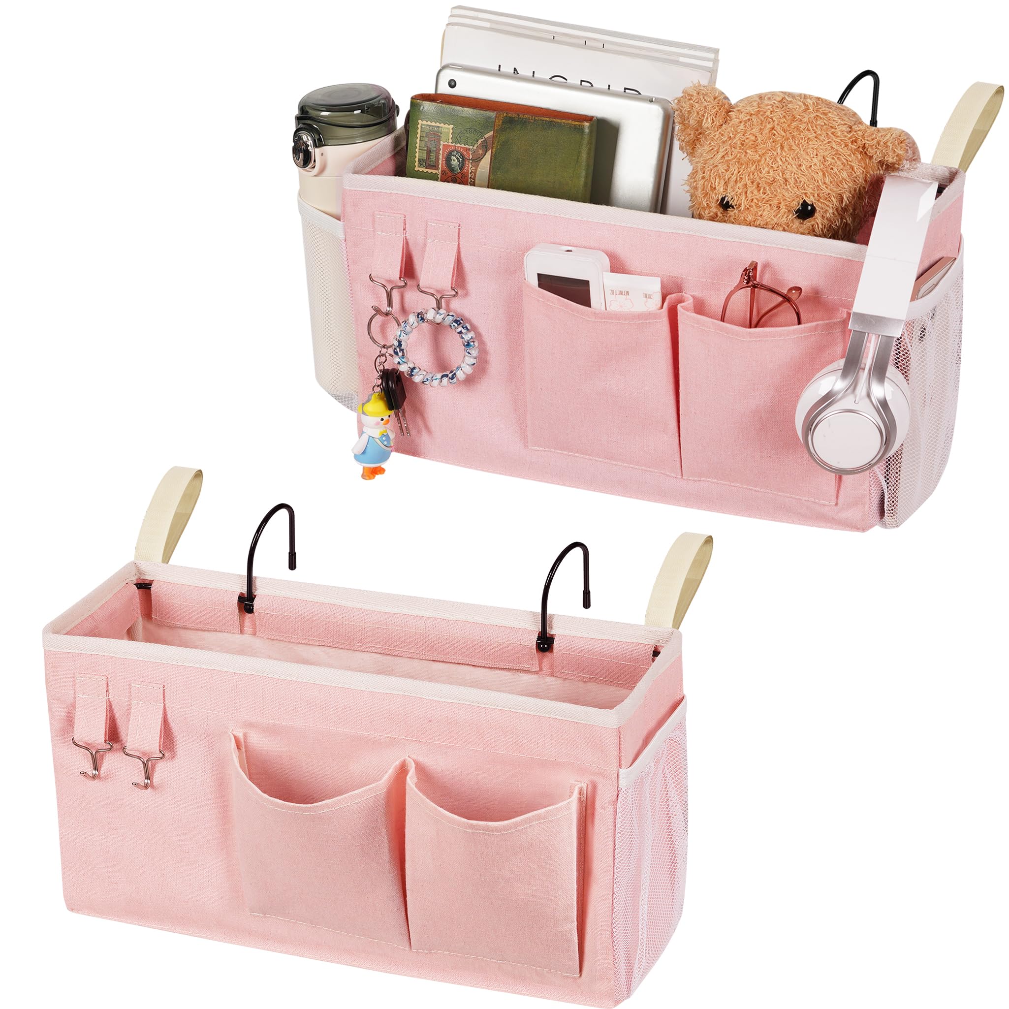 Loghot Bedside Caddy/Bedside Storage Bag Hanging Organizer for Bunk and Hospital Beds,Dorm Rooms Bed Rails,Can be Placed Glasses,Books,Mobile Phones,Keys (Light Pink) Dormly
