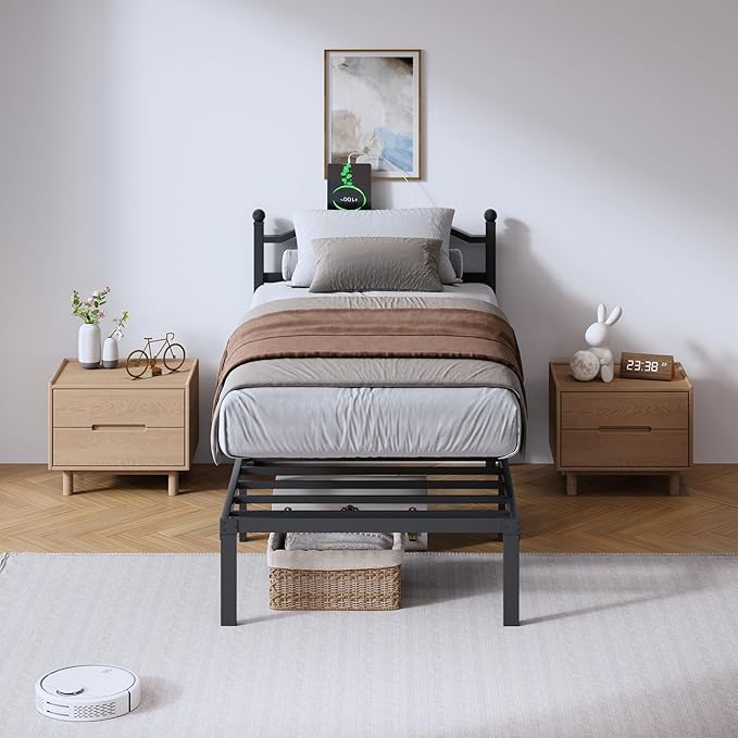 Twin Size Bed Frame - 14 Inch Metal Heavy Duty Bedframe with Charging Station Black Basic Steel Slats Platform with Headboard No Box Spring Needed/Easy Assembly