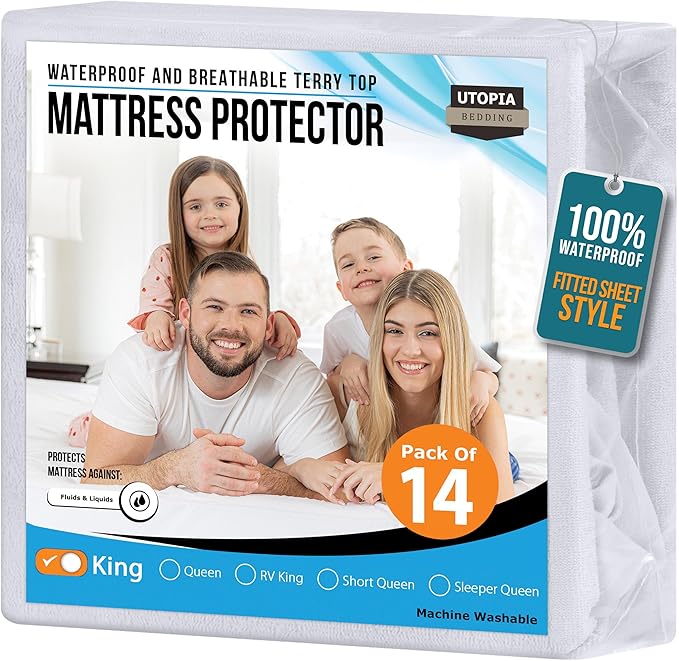 Utopia Bedding Waterproof Mattress Protector King Size 14 Pack, Premium 200 GSM Terry Mattress Cover, Soft & Breathable Bed Cover, Fitted Sheet Style with Stretchable Deep Pockets 17" (White)