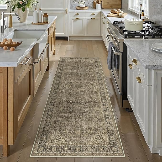 3x7 Washable Brown Runner Rug Vintage Hallway Kitchen Carpet Non-Slip Soft Low Pile Distressed Throw Rug for Bedroom Bathroom Laundry Living Room