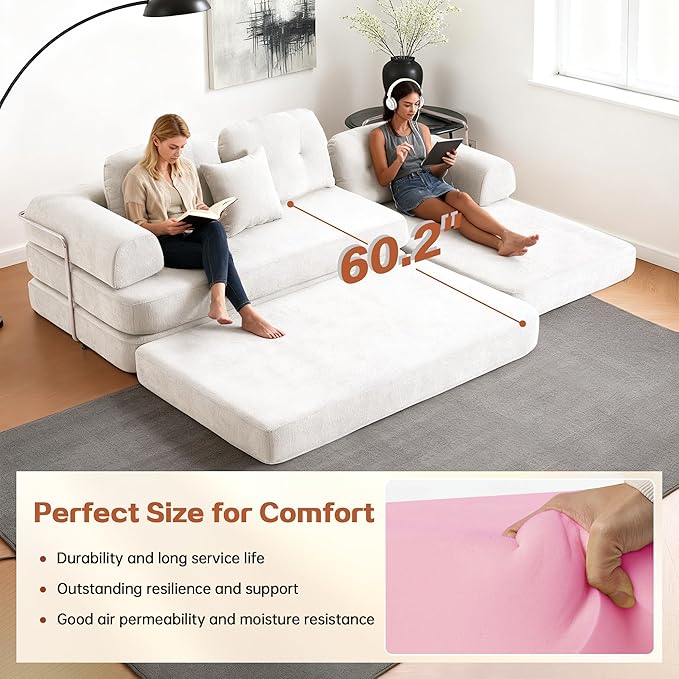 104" Oversized Convertible Sleeper Sofa Bed, Chenille L Shape Sectional Couch, Folding Sofa Bed with Fixed-Shape Frame, Modern Cloud Floor Mattress Couch, Modular Sofa for Living Room, Light Grey