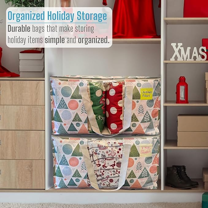 VENO 6 Pack Moving Bags, Large Christmas Storage Bins with lids, Packing Supplies for College, Alternative to Moving Boxes, Foldable, Heavy-Duty Tote, Christmas Pattern (Pastel Forest, 6 Pack)