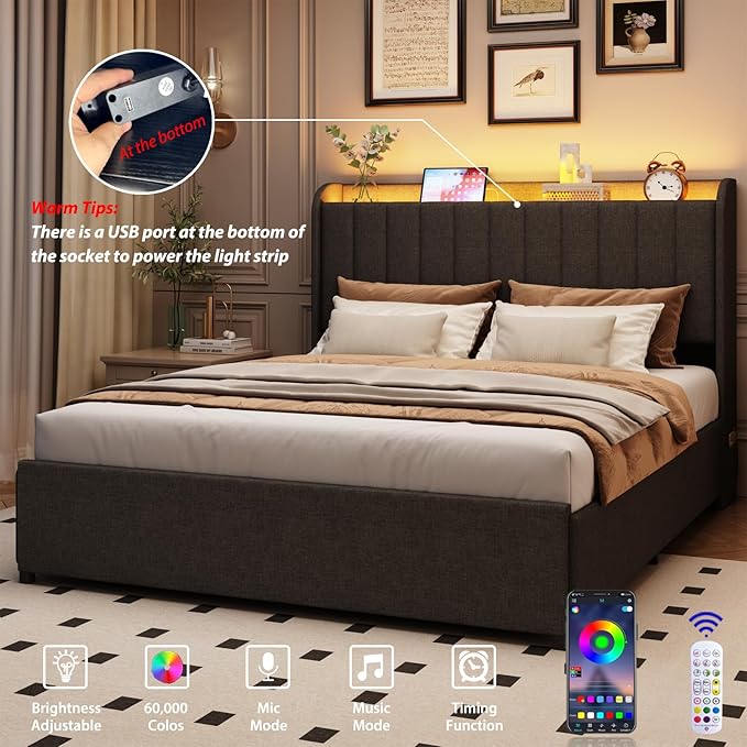 Full Bed Frame with 4 Drawers and Storage Headboard, Upholstered Platform Bed Frame Full Size with Led Lights and Handy Charging Station, No Box Spring Needed, Easy Assembly, Noise Free, Gray