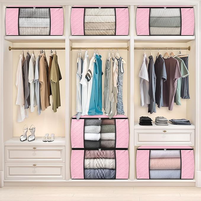 Fab totes 8 Pack Clothes Storage, Foldable Thick Fabric Blanket Storage Bags, Containers for Organizing Bedroom, Closet, Clothing, Comforter, Organization with Handle,Pink