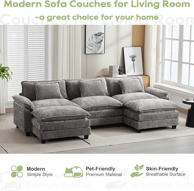 120" Modular Sectional Sofa, Comfy Cloud Couch Sectional Sofa with Ottoman, Chenille Sofa Sleeper Deep Seat Sofa with Throw Pillows for Living Room (Light Gray, 120"- U Shape)