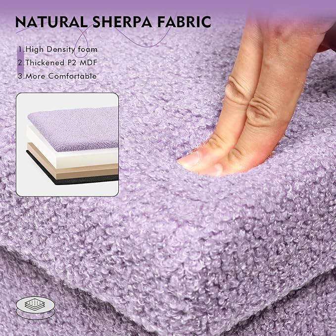 PINPLUS Folding Storage Ottoman Bench, Sherpa Ottoman with Storage, Large Long Shoes Bench Chest with Lid, Footrest for Living Room, Entryway, Purple, 31.5'' x 15.7'' x 15.7''