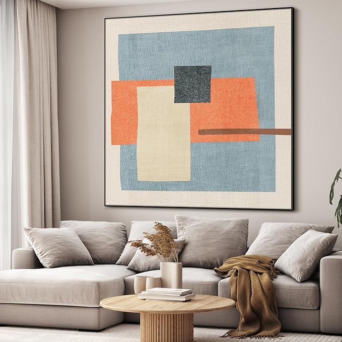 46"x46" XL Framed Wall Art - Color Block in Orange, Blue & Cream (Frame Assembly Required)
