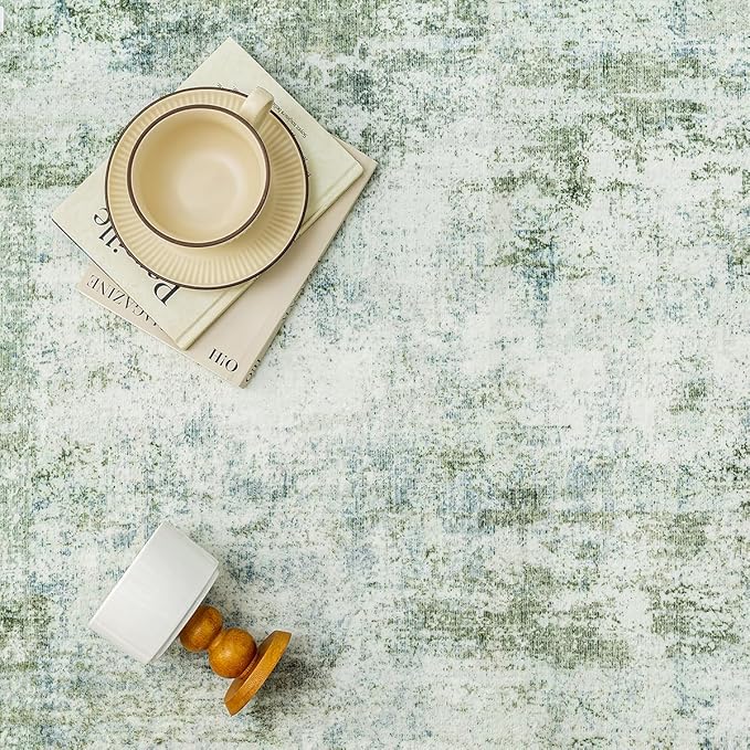 10x14 Washable Area Rug Sage Green Abstract Living Room Bedroom Carpet Neutral Modern Non-Slip Soft Low Pile Lightweight Vacuumable Large Throw Rug for Dining Room