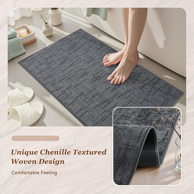 AMOAMI Bath Mat Non Slip Super Absorbent Quick Dry Bath Mats for Bathroom Floor Rubber Backing Washable Bathroom Rugs Modern Woven Jacquard Mat, Beside Tub Bath Rugs, 2' x 5', Darkgrey