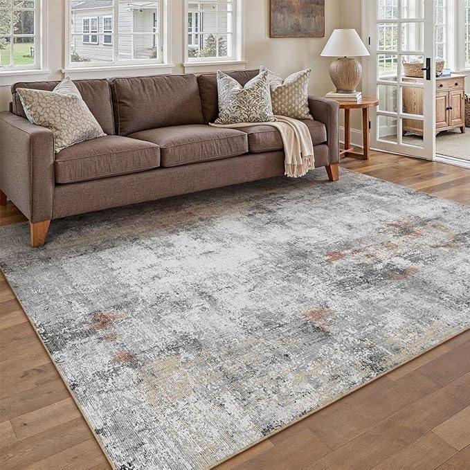 5x7 Washable Area Rug Grey Rust Abstract Living Room Bedroom Carpet Neutral Modern Non-Slip Soft Low Pile Lightweight Vacuumable Throw Rug for Dining Room Entryway