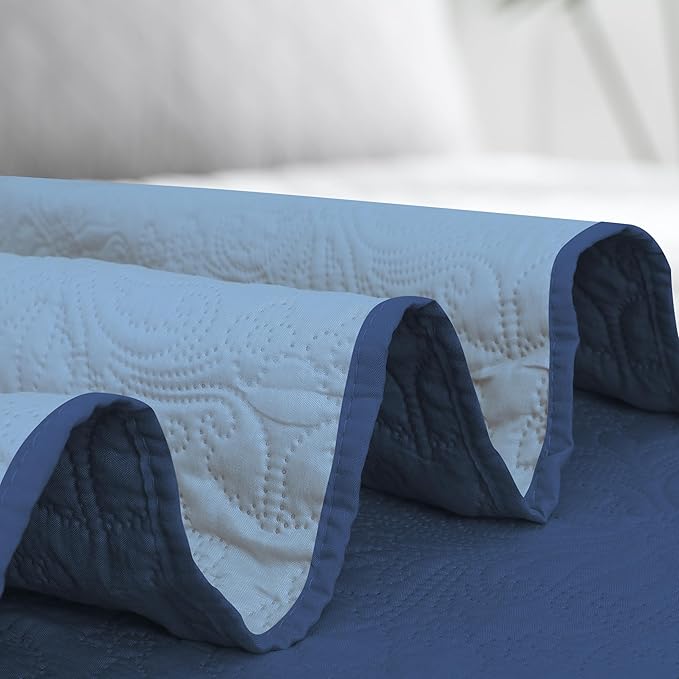 Easy-Going King Size Reversible Quilt Set with 1 Quilt and 2 Pillow Shams, Soft Bed Quilt Cover, Water Resistant Lightweight Microfiber Bedspread, Stain Resistant, Damask-Dark Blue/Light Blue