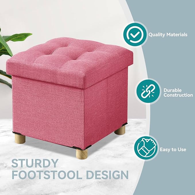 BRIAN & DANY Ottoman with Storage, Small Storage Ottoman for Dorm, Linen Folding Ottoman Foot Stool with Legs for Living Room and Bedroom, 15"x15"x15" - Hot Pink