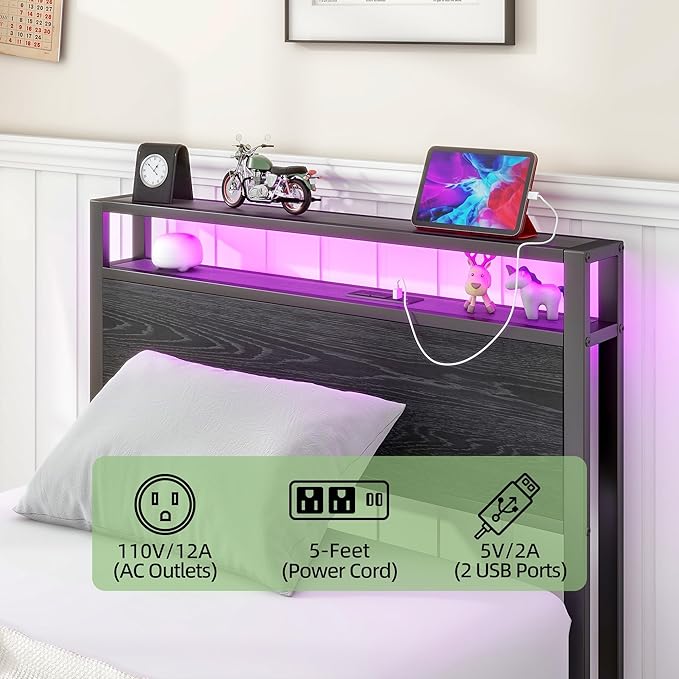 HOJINLINERO Twin Bed Frames with LED Light and Charging Station, Wood Storage Headboard with 2-Tier Shelves, Metal Platform Bed with Heavy Duty Slats Support, No Box Spring Needed, Black