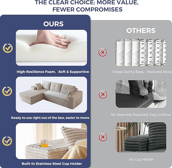 MAXYOYO 104" Modular Sectional Couch with L-Shape Chaise, Modern Boneless Couch for Living Room, Sofa in A Box, Oversized Sofa Sleeper with Deep Seat, No Assembly Required, Grayish Beige