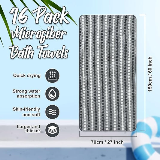 16 Pack Microfiber Bath Towels Bulk 27'' x 60'' Oversized Size Bath Towel Highly Absorbent Extra Large Soft Drying for Shower Beach Winter Salon Sport Gym Party (Cone,Grey)