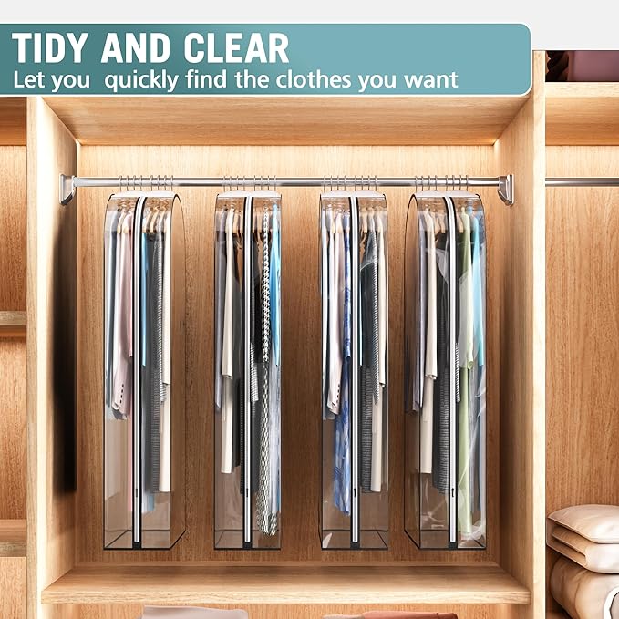 Clear Garment Bag for Hanging Clothes 10” Gusseted, 50” Suit Bags for Open Closet Storage Plastic Clothes Cover for Coat, Dress, Shirts, Fur, Jacket, Wardrobe Protectors, 4 Pack