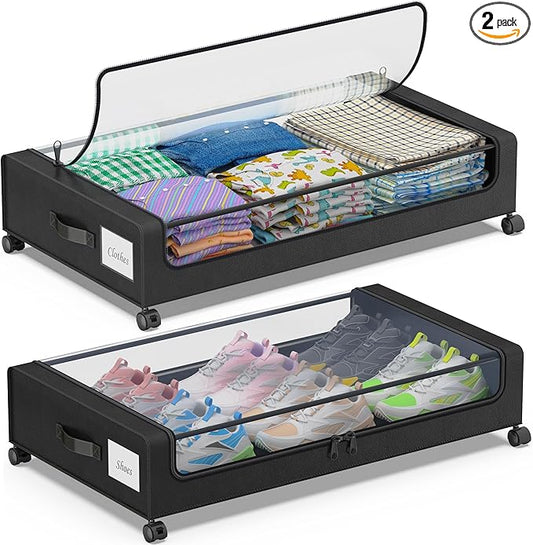 Under Bed Storage with Wheels, 2-Pack Under Bed Storage Containers with Clear Lids, XXL 60L Under the bed storage Organizer Bins, Rolling Under Bed Metal Drawer for Clothes,Shoes,Toys (Black, 2 Pack)