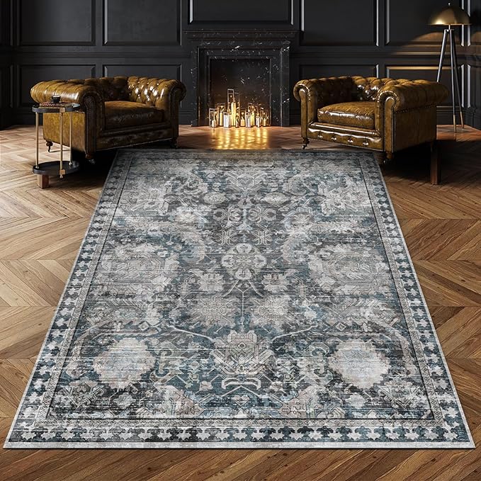 RUGSURE Washable Area Rugs - Perfect for Living Room, Bedroom, Kids Room, Nursery - Stain & Water Resistant Non-Slip, Pet & Child Friendly, Vintage Tribal Area Rugs (Grey and Blue, 6' x 9')