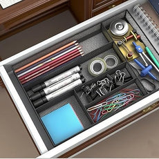 Desk Drawer Organizer Metal Mesh Drawer Organizer Tray for Office School or Home Supplies Desktop Storage Stationery，6 Compartments, 12.6 x 8.27 x 1.57 inch，Black (1pc pack)