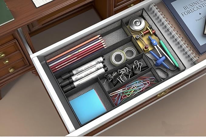 Desk Drawer Organizer Metal Mesh Drawer Organizer Tray for Office School or Home Supplies Desktop Storage Stationery，6 Compartments, 12.6 x 8.27 x 1.57 inch，Black (1pc pack)