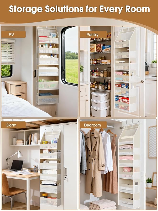 Criusia Over the Door Organizer, 6-Shelf Closet Hanging Storage with 13 Mesh Pockets, 55lbs Capacity Behind the Door Storage for Baby Nursery, Bathroom, Bedroom, and Dorm, Beige