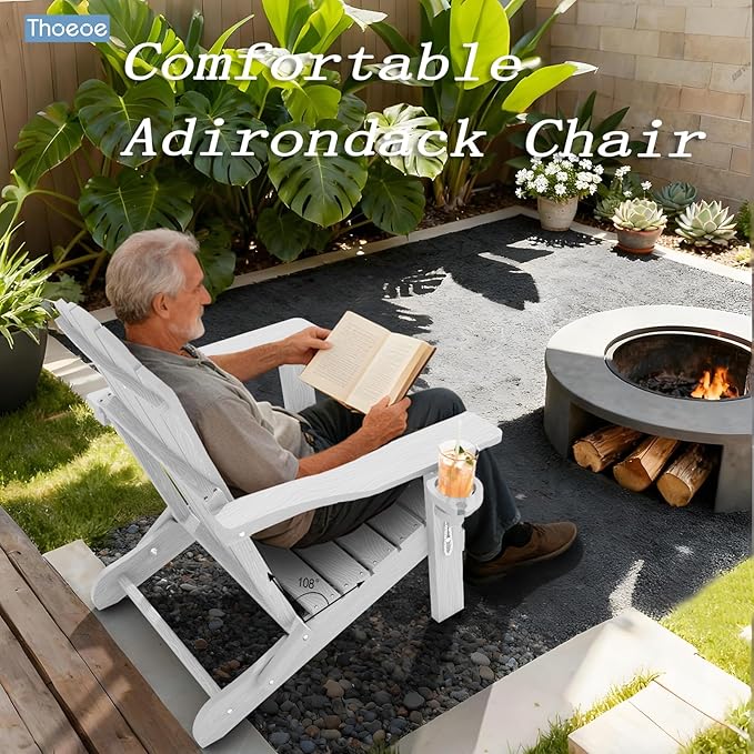 Adirondack Chair Set of 2, Folding All-Weather Outdoor HDPE Patio Chair with Cup Holder, White
