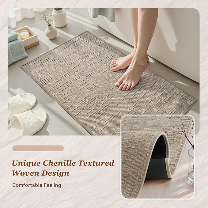 AMOAMI Bath Mat Non Slip Super Absorbent Quick Dry Bath Mats for Bathroom Floor Rubber Backing Washable Bathroom Rugs Modern Woven Jacquard Mat, Beside Tub Bath Rugs, 24" x 36", Brown