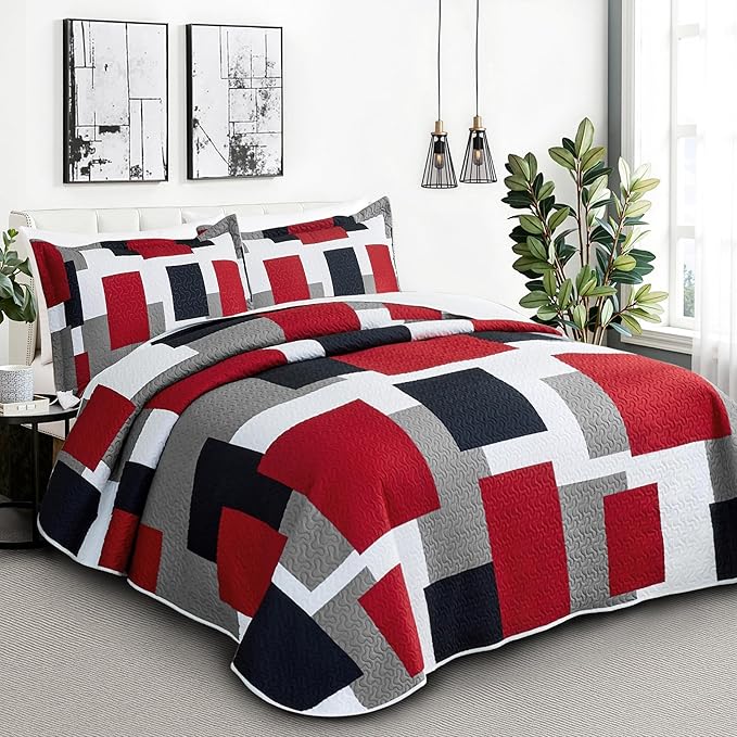 2 Piece Red Black Grey Quilt Set Twin Size Red White Geometric Reversible Bedding Set Microfiber Lightweight Bedspread Coverlet with 1 Sham Modern Abstract Bed Cover for All Season, 68''x86''