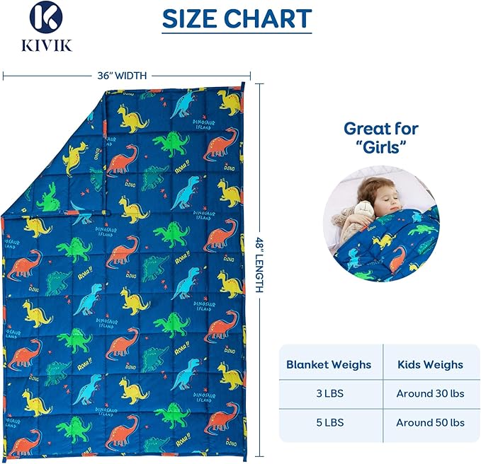 Kivik Weighted Blanket 5lbs, Blue Dinosaur Heavy Throw Blanket, Small Weighted Cooling Blankets 5 Pounds, 36x48 Inches Blue