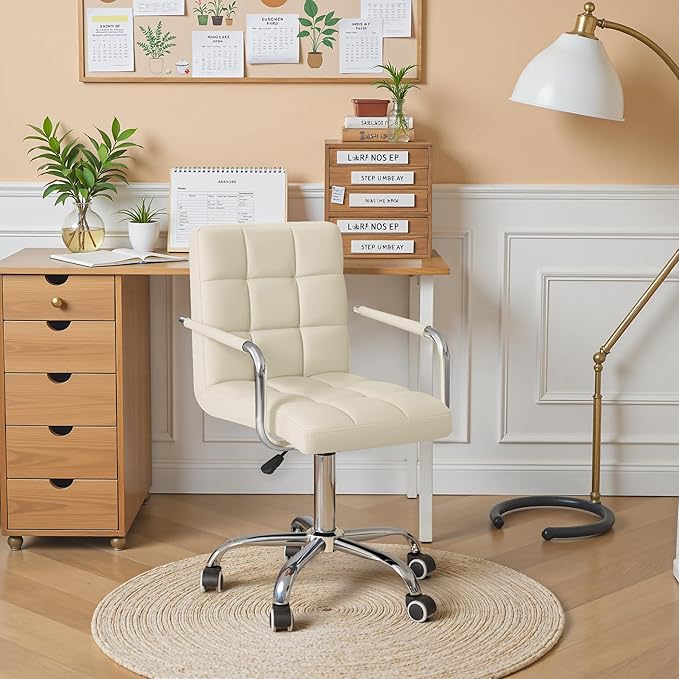 Furmax Mid-Back Office Task Chair Ribbed PU Leather Executive Chair Modern Adjustable Home Desk Retro Comfortable Work Chair 360 Degree Swivel with Arms (Beige)