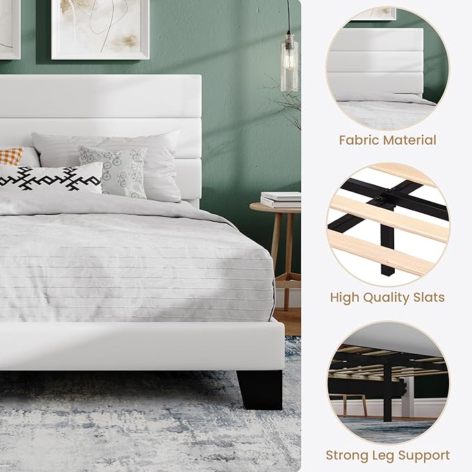 SHA CERLIN King Platform Bed Frame with Velvet Upholstered Headboard, Mattress Foundation with Strong Wooden Slats Support, No Box Spring Needed, White