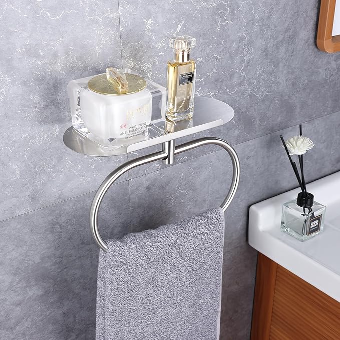 Towel Ring with Shelf Steel Self, Stainless Steel Bath Towel Rings, Self Adhesive Hand Towel Ring for Bathroom, Wall Mounted Towel Hanger for Bathroom Kitchen (Silver)