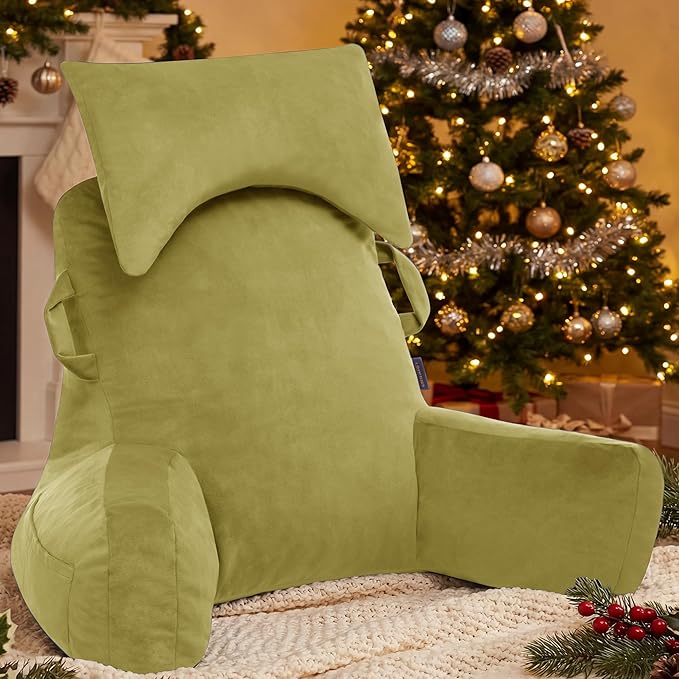Portable Reading Pillows with Headrest for Bed Sitting Up(Pale Green Oeko-Tex), Velvet Back Pillow with Arms & Pockets for Adults, Support Memory Foam Bed Pillow for Dorm/Watching/Gaming