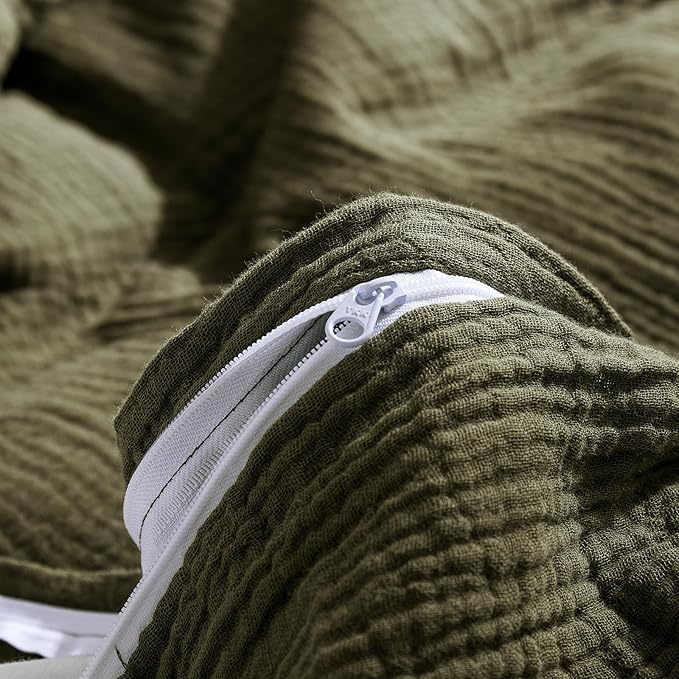 VM VOUGEMARKET 100% Cotton Muslin Duvet Cover King Size 3-Layer Guaze Textured Bedding Set,Ultra Soft Breathable Textured Linen Like Comforter Cover with Zipper&Ties-Olive Green