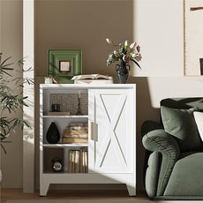 Metal Coffee Bar Cabinet with Storage, Farmhouse Coffee Bar Table with Sliding Barn Door and Adjustable Shelves, Small White Sideboard Cabinets for Kitchen, Entryway, Office