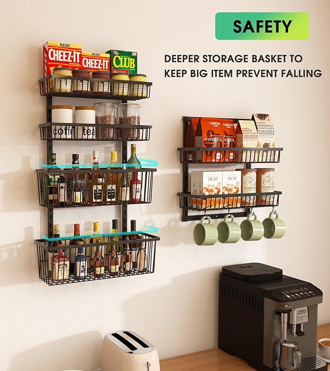 9-Tier Over The Door Pantry Organizer, Pantry Storage and Organization, Black Metal Hanging Spice Rack Seasoning Shelves Door, Wall Mount for Home & Kitchen, Laundry Room Bathroom Organization