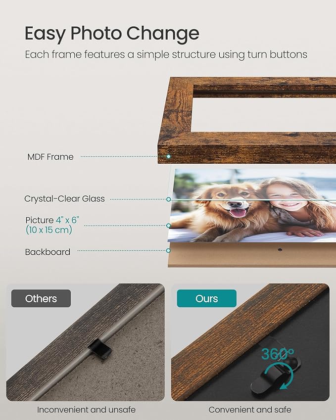 SONGMICS 4x6 Collage Picture Frames, Family Photo Collage Frame Set of 4 for Wall Decor, Glass Front, Wall Hanging or Tabletop, Ash Black and Rustic Brown URPF025K01