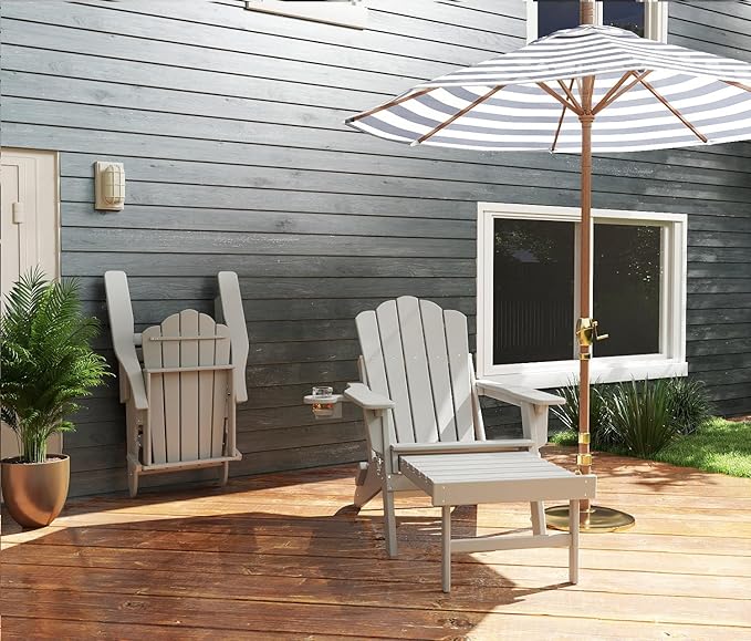 FOOWIN Adjustable Adirondack Chair with Retractable Ottoman Set of 4, Folding Adirondack Chair with Cup Holder, HDPE All-Weather Fire Pit Chair for Patio, Yard, Poolside, White