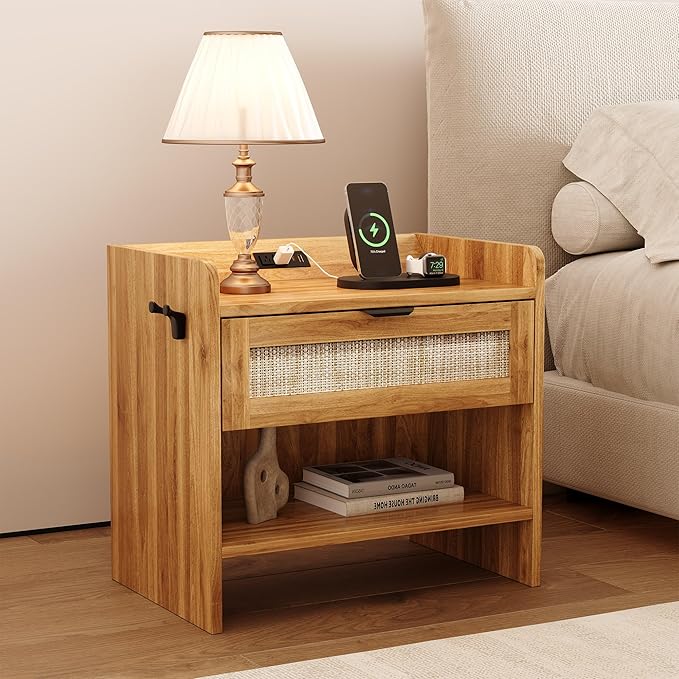 Rattan Nightstand, Bedside Table with Type-C Charging Station - 1 Storage Drawer & Open Storage Space, Boho End Table Side Table for Bedroom Office, Large Night Stand with Charging Port