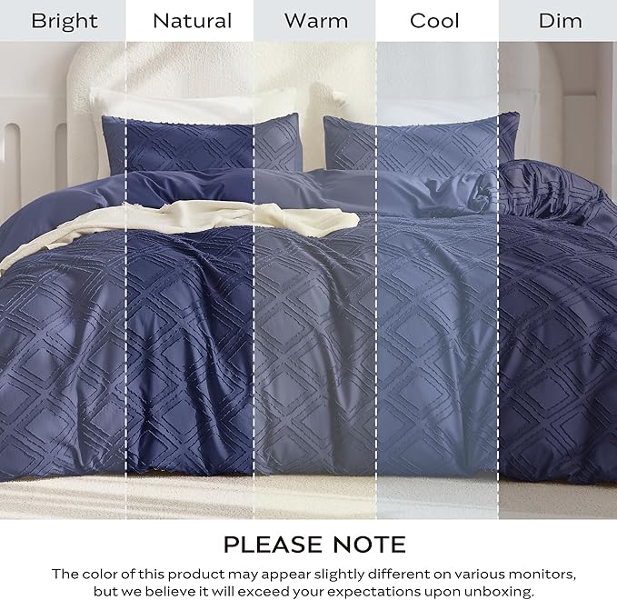 JELLYMONI Duvet Cover Queen Size Navy Blue - 3PCS Boho Duvet Cover Set Plaid Polyester Tufted Bohemian Jacquard Knit Textured Comforter Cover 90×90in Rhombic Geometric Pattern Zipper Corner Tie