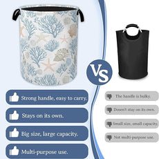 Starfish Coral Shells Laundry Hamper With Handle,Foldable Oxford Cloth Ocean Laundry Basket,20.8