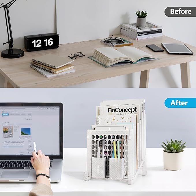 File Organizer for Desk with Storage Box & Hook, Inclined Desk File Organizer with 5-Section Vertical File Holder suitable for Home Office Document Organization (Ice Crystal