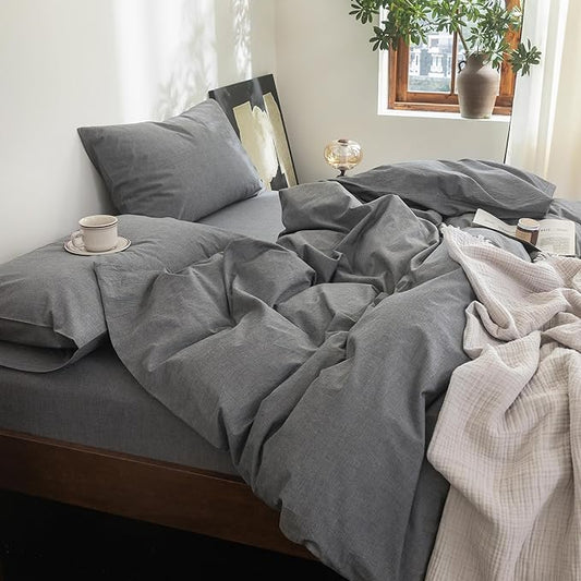 FOSSA Duvet Cover Set 100% Washed Cotton Linen Feel Super Soft Breathable Cozy 3 Pieces Bedding Sets Solid Dark Grey California King