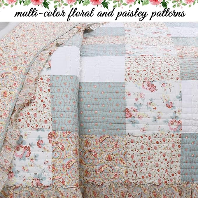 Cozy Line Home Fashions 100% Cotton Real Patchwork Floral Coral Pink Ruffled Shabby Chic Girly Reversible Quilt Bedding Set, Coverlet Bedspread (Sweet Roses, King - 3 Piece)