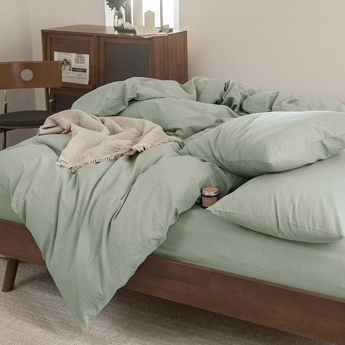 FOSSA Duvet Cover Set 100% Washed Cotton Linen Feel Super Soft Breathable Cozy 3 Pieces Bedding Sets Solid Sage Green Super King
