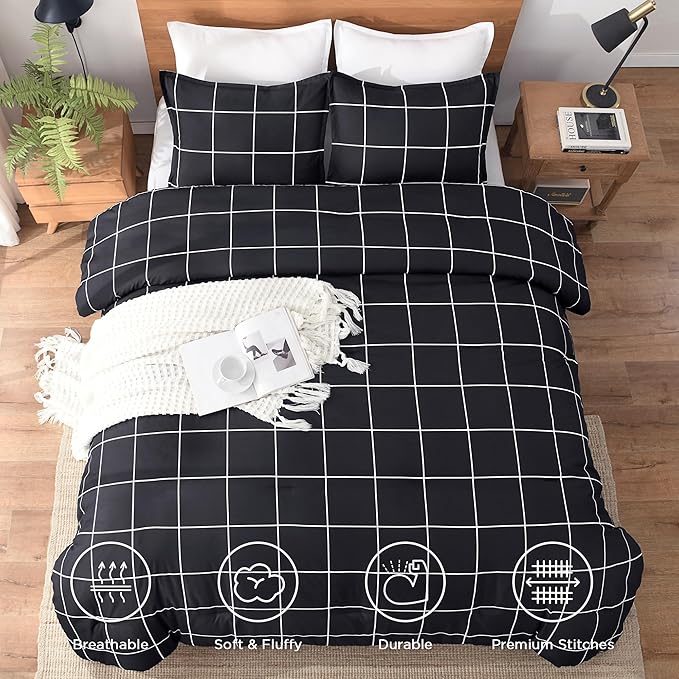 Andency Black Grid Comforter Set Queen(90x90Inch), 3 Pieces (1 Plaid Comforter and 2 Pillowcases) Black Plaid Comforter Set, Lightweight Microfiber Gingham Geometric Comforter Bedding Set
