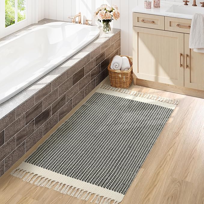 Lahome Boho Living Room 3x5 Washable Rugs for Entryway Lightweight Woven Grey Mat with Tassels, Farmhouse Bathroom Rug Non Shedding Area Carpet for Bedroom Office Camper RV Decor
